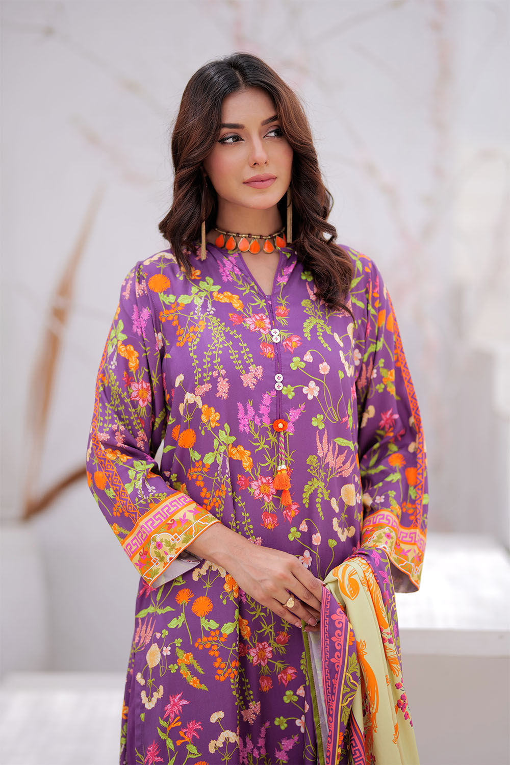LAD-02474 | Purple & Multicolor | Casual 3 Piece Suit | Marina Printed Fabric