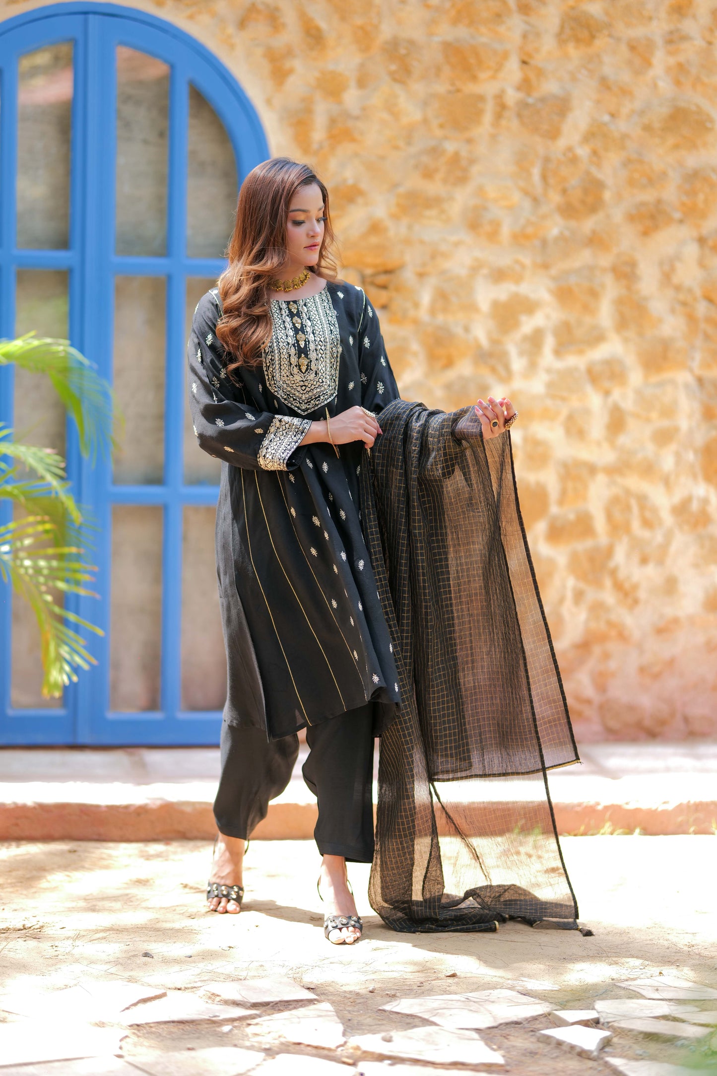 LDD-02741 | Black & Gold | Formal 3 Piece Suit | Viscose Raw Silk