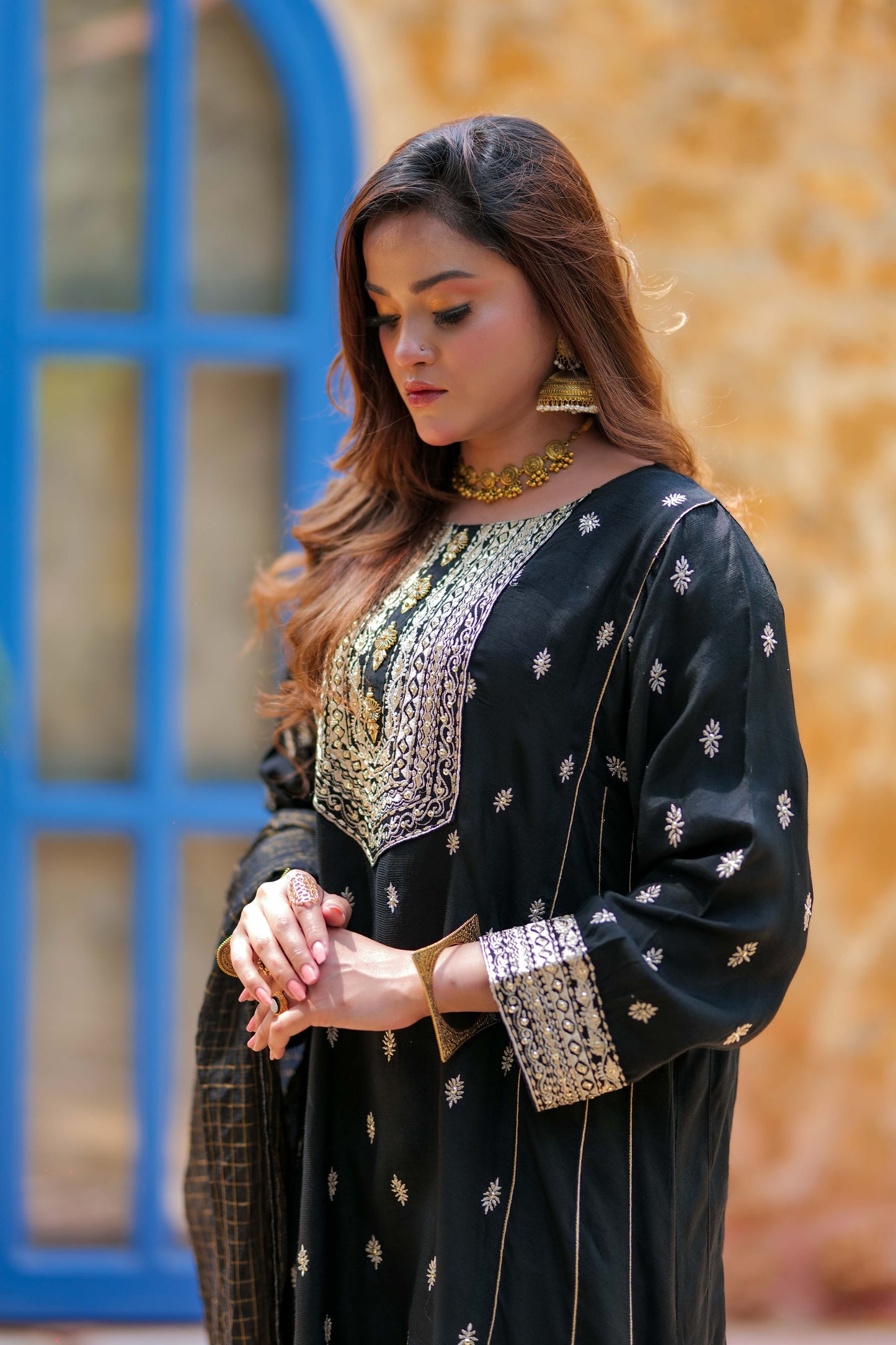 LDD-02741 | Black & Gold | Formal 3 Piece Suit | Viscose Raw Silk