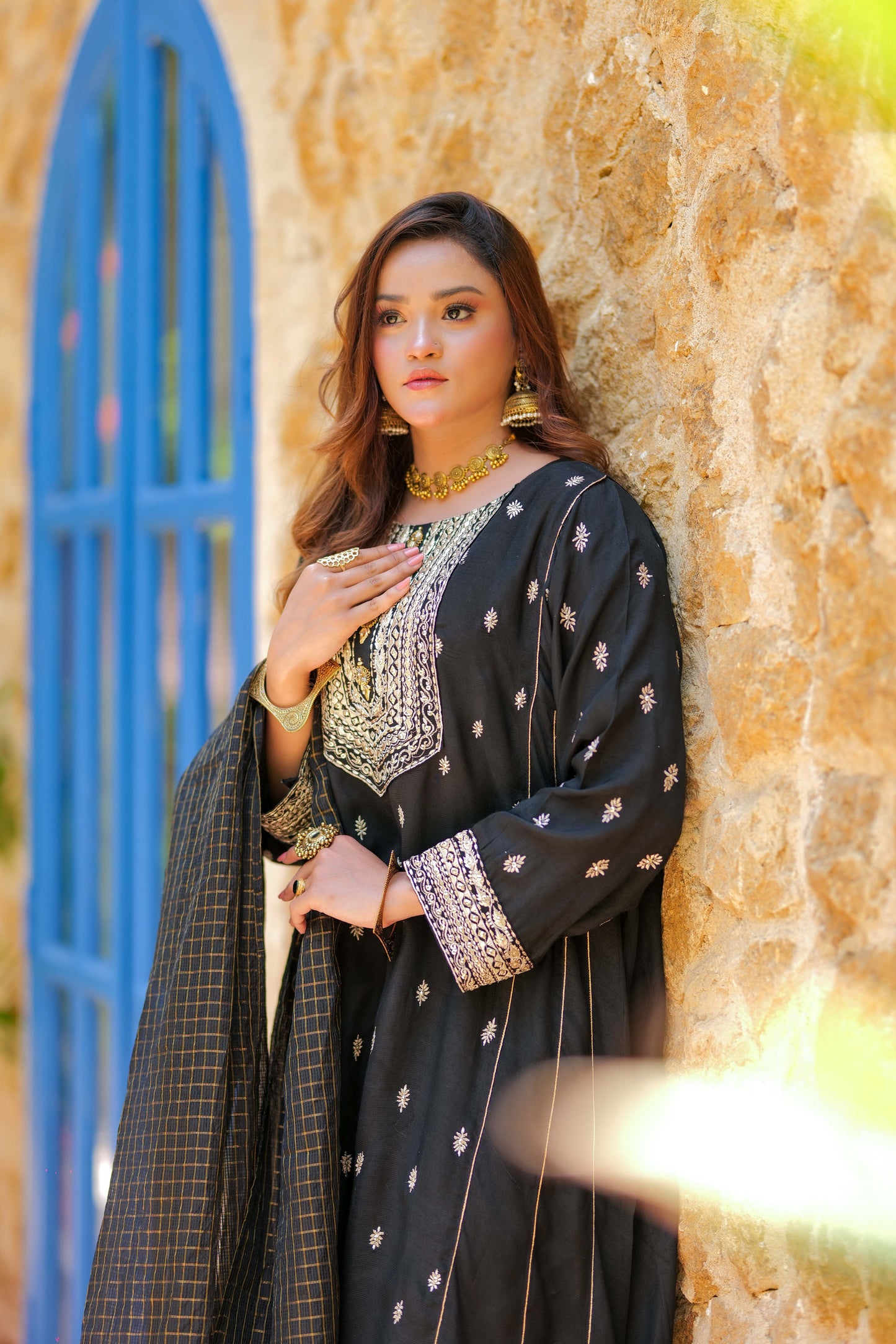 LDD-02741 | Black & Gold | Formal 3 Piece Suit | Viscose Raw Silk