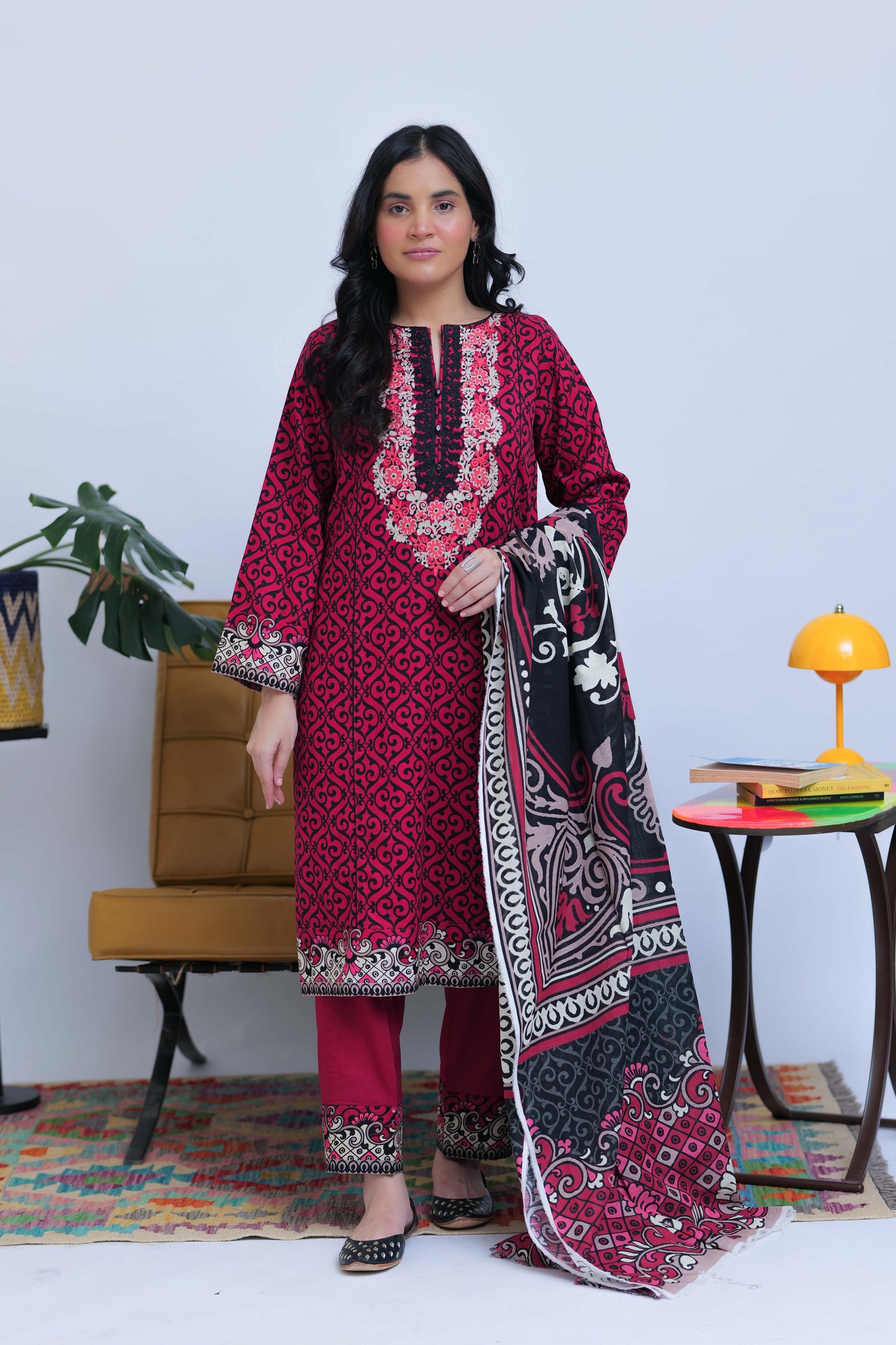 LAD-02548 | Shocking Pink & Black | Casual 3 Piece Suit | Cotton Khaddar Printed
