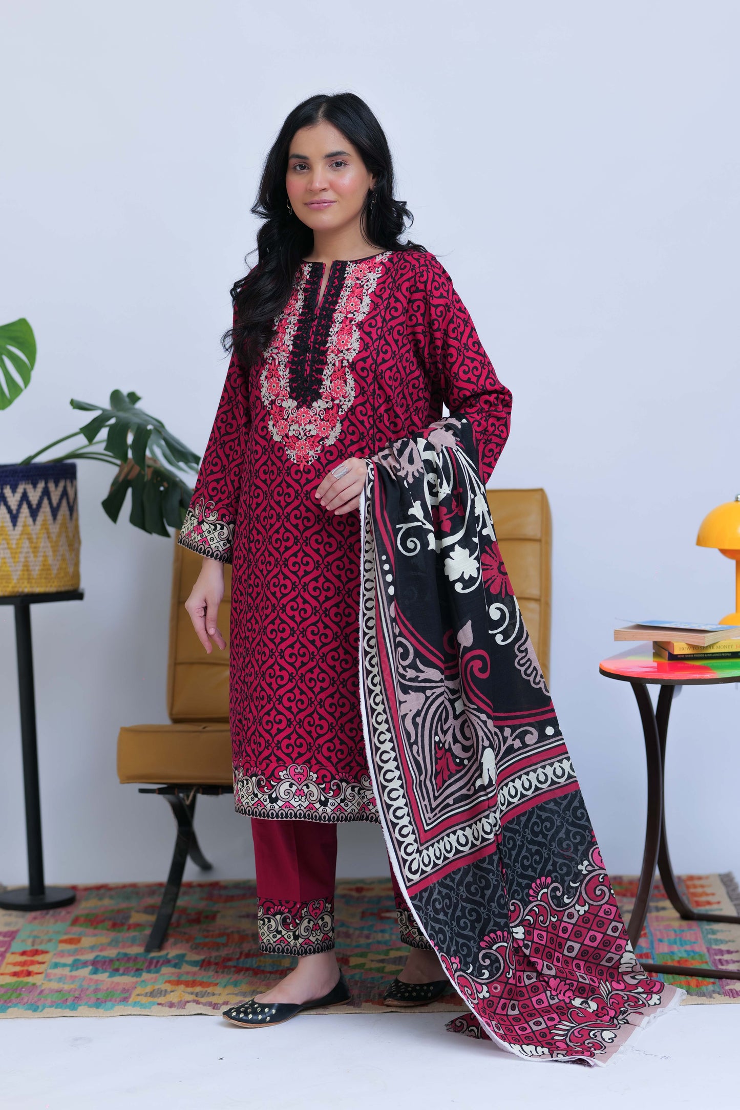 LAD-02548 | Shocking Pink & Black | Casual 3 Piece Suit | Cotton Khaddar Printed