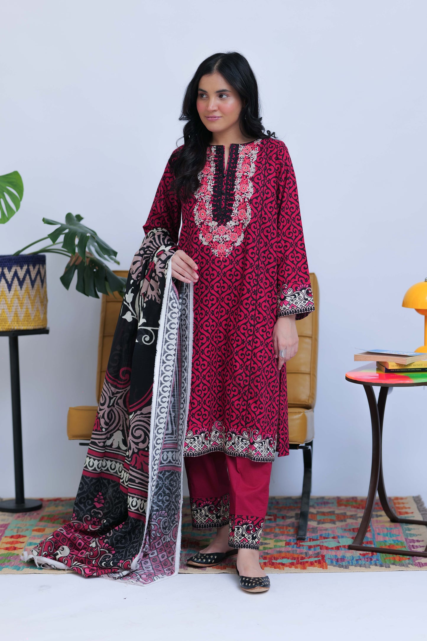 LAD-02548 | Shocking Pink & Black | Casual 3 Piece Suit | Cotton Khaddar Printed