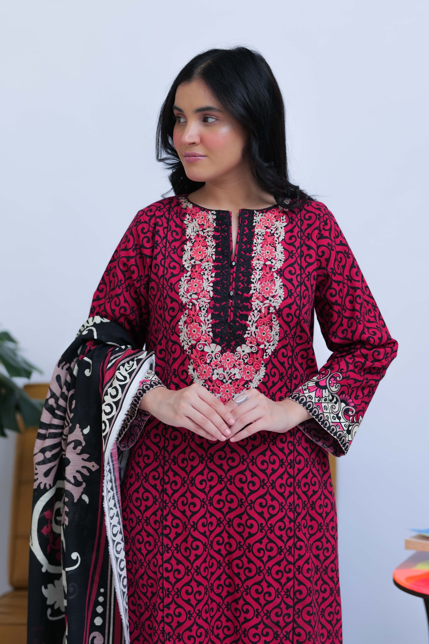 LAD-02548 | Shocking Pink & Black | Casual 3 Piece Suit | Cotton Khaddar Printed