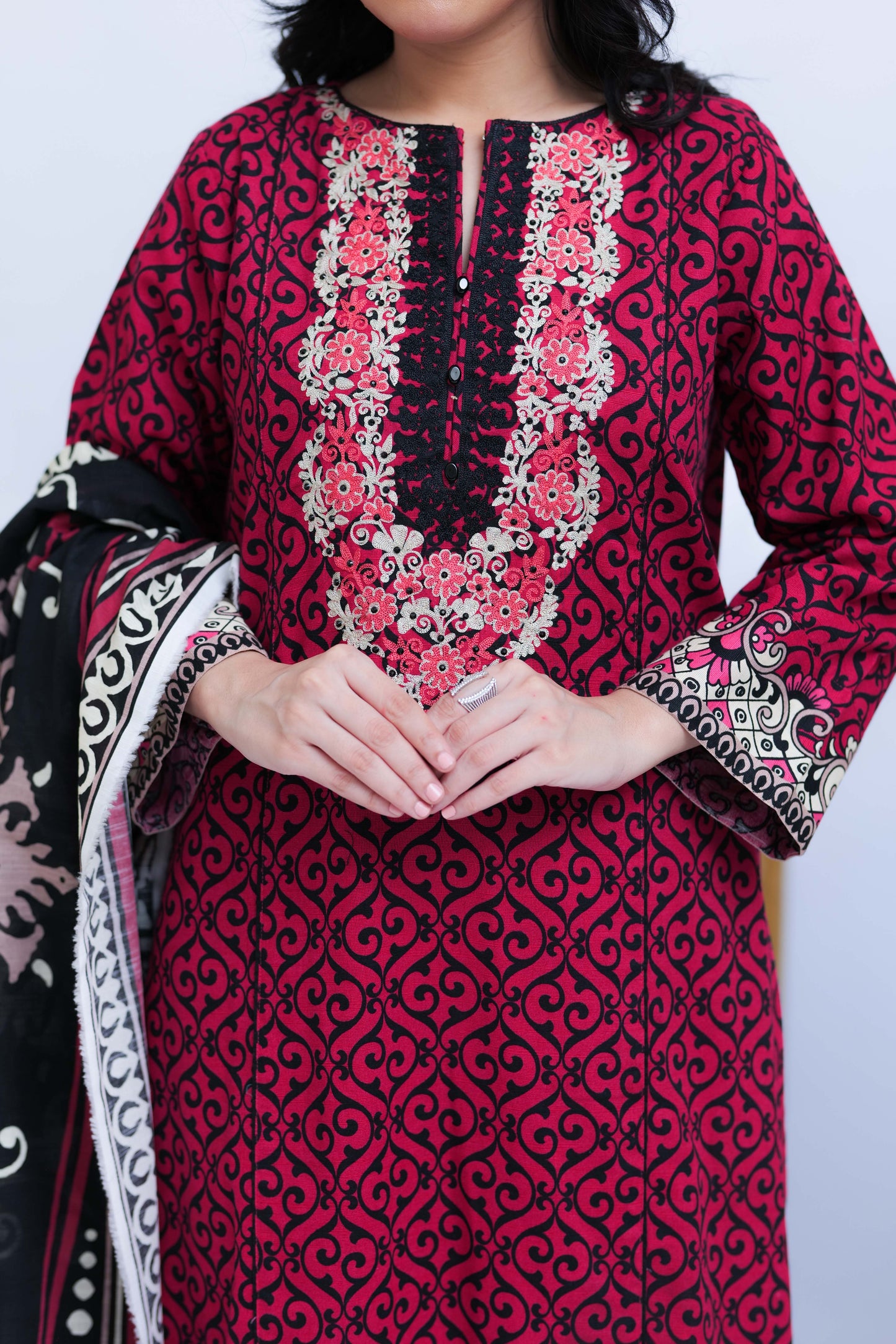 LAD-02548 | Shocking Pink & Black | Casual 3 Piece Suit | Cotton Khaddar Printed