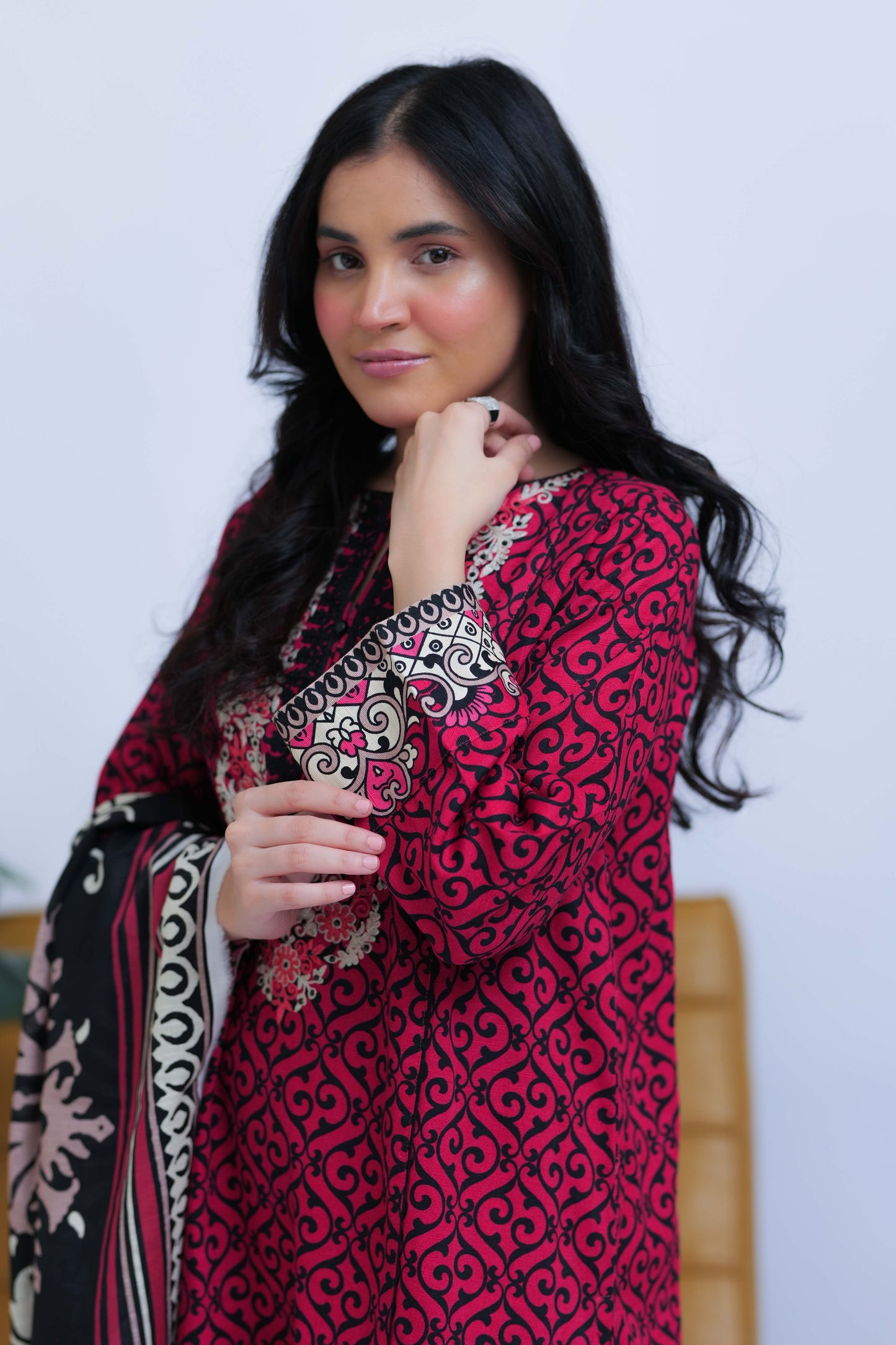 LAD-02548 | Shocking Pink & Black | Casual 3 Piece Suit | Cotton Khaddar Printed