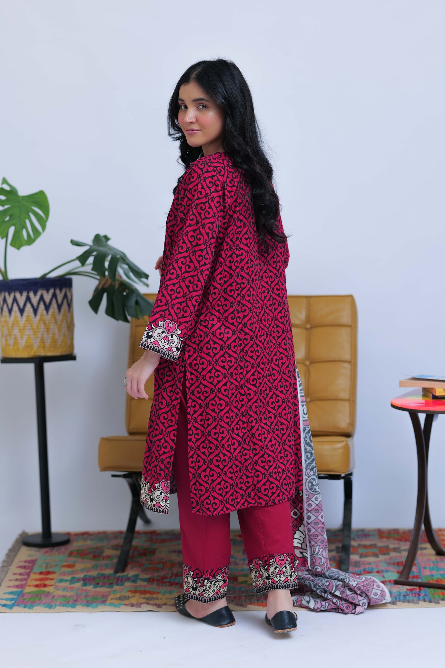 LAD-02548 | Shocking Pink & Black | Casual 3 Piece Suit | Cotton Khaddar Printed
