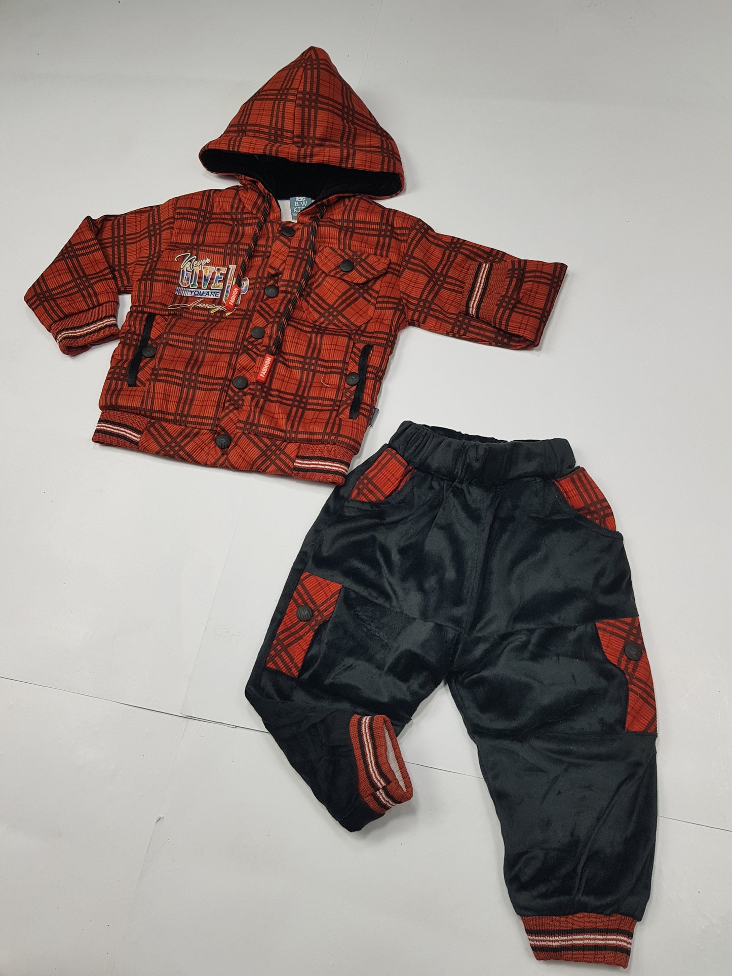 Copper color Check Winter Hoodie and Jogger Set for Boys - Warm Velour Fabric Outfit