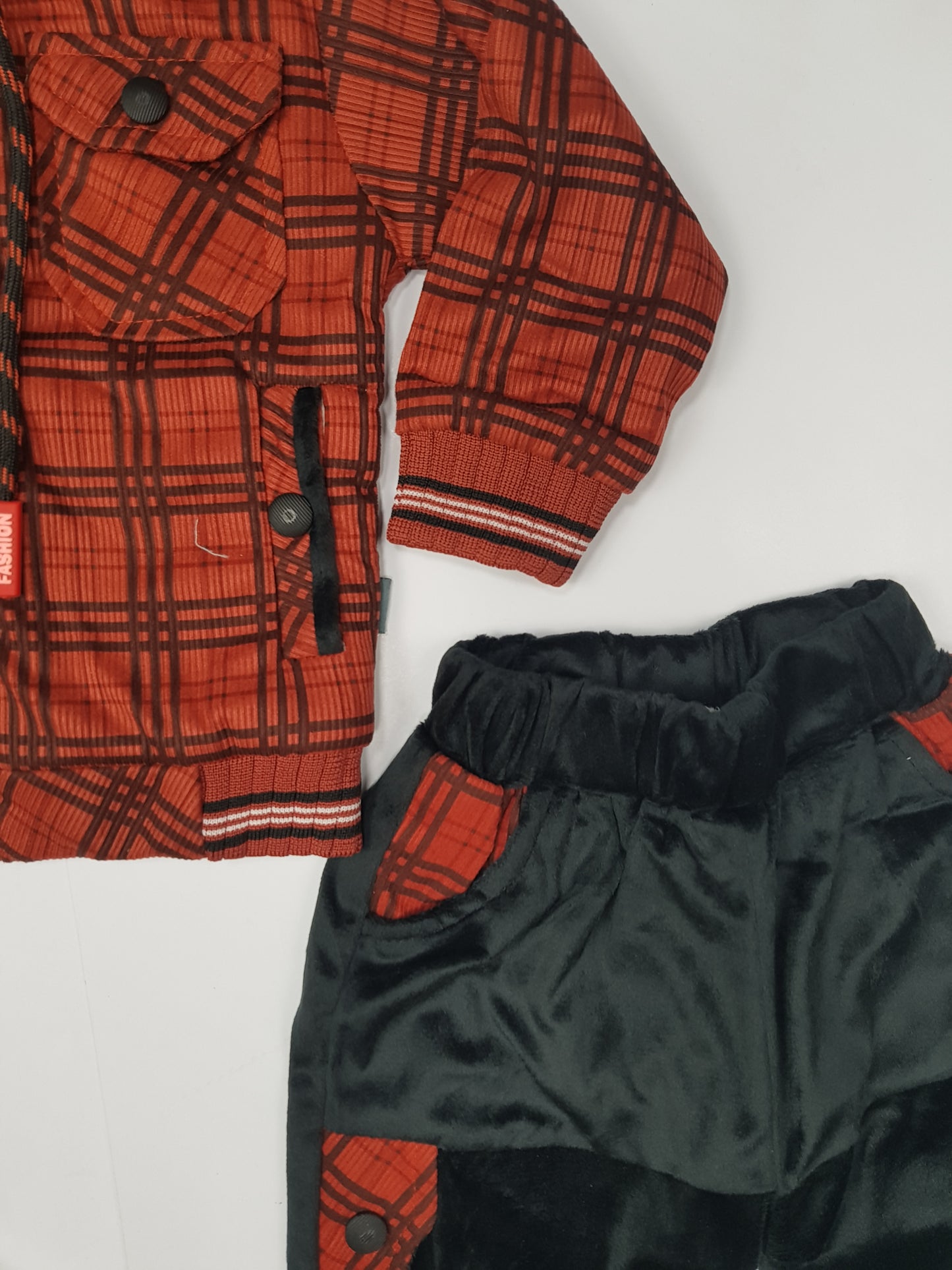 Copper color Check Winter Hoodie and Jogger Set for Boys - Warm Velour Fabric Outfit