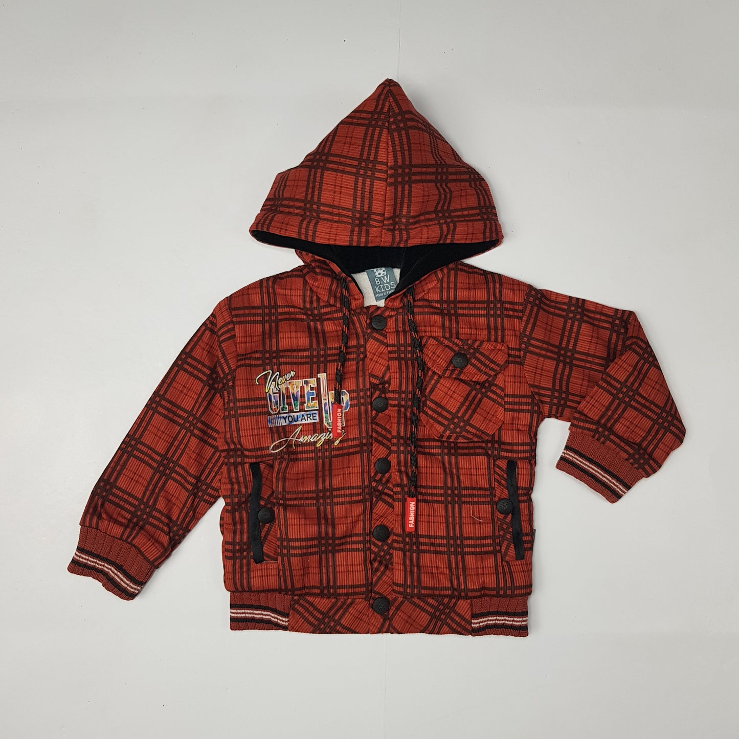Copper color Check Winter Hoodie and Jogger Set for Boys - Warm Velour Fabric Outfit
