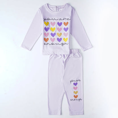 You Are Enough Lilac Heart Print Girls Pajama Set – Light Winter Wear