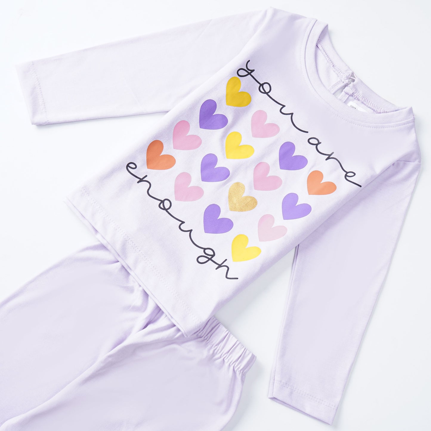 You Are Enough Lilac Heart Print Girls Pajama Set – Light Winter Wear