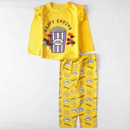 Happy Ending Yellow T-Shirt and Trouser Set for Baby Girls - Soft Jersey Fabric for Casual Winter Wear