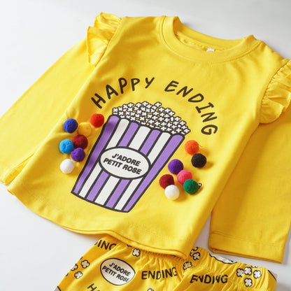 Happy Ending Yellow T-Shirt and Trouser Set for Baby Girls - Soft Jersey Fabric for Casual Winter Wear