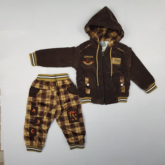 Brown Velour Hoodie & check Pant Winter Set for Toddlers