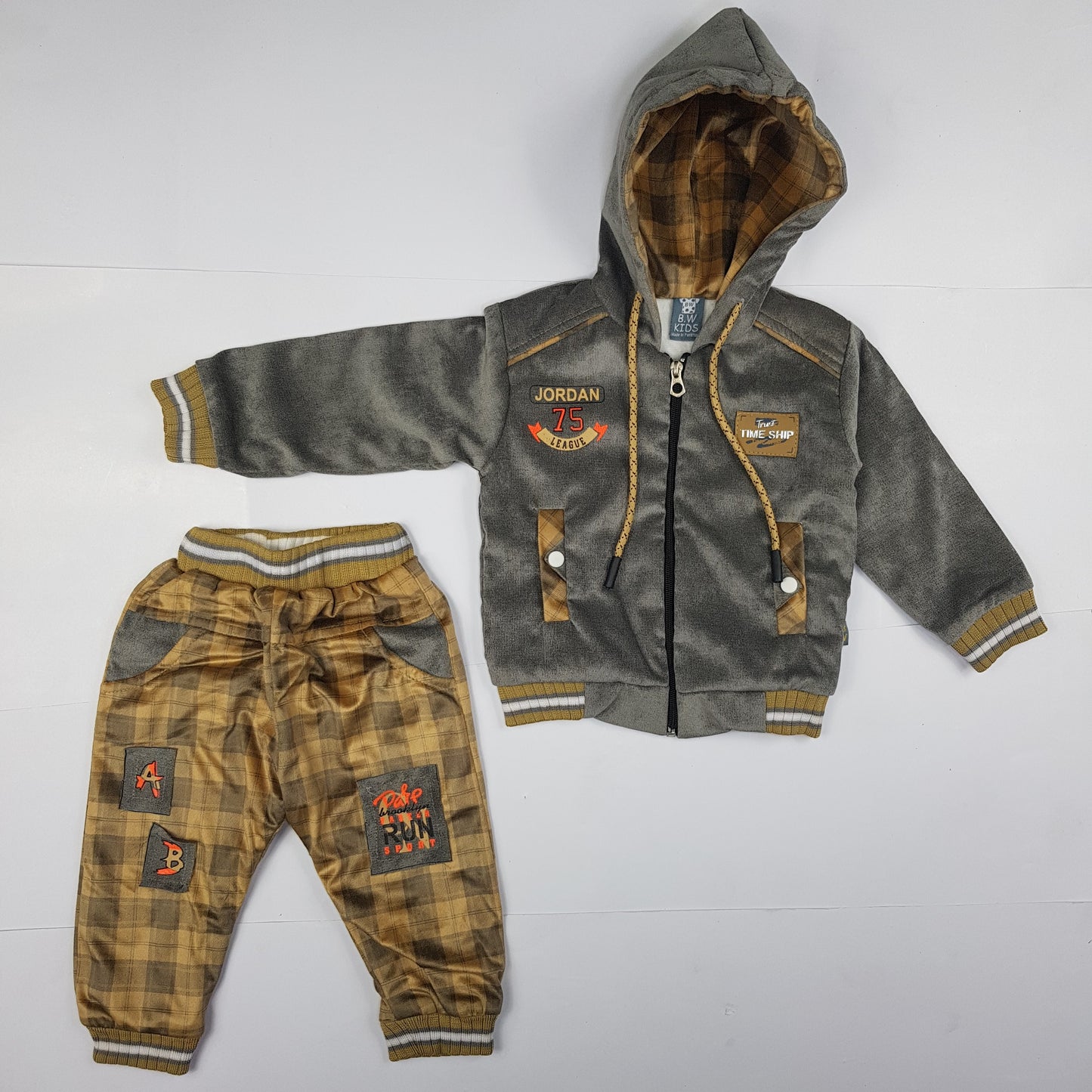 Warm Grey Velour Hoodie & Check Pant Set for Toddlers