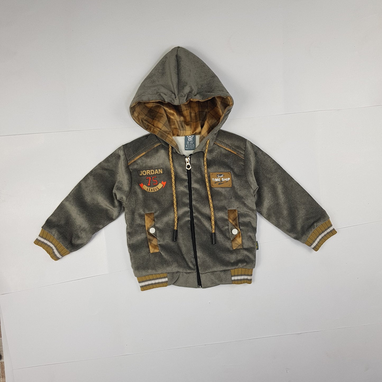 Warm Grey Velour Hoodie & Check Pant Set for Toddlers