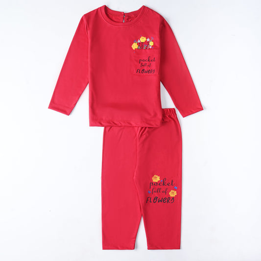 Pocket Full of Flowers Red T-Shirt and Trouser Set for Girls - Cozy Jersey Fabric for Light Winter Wear