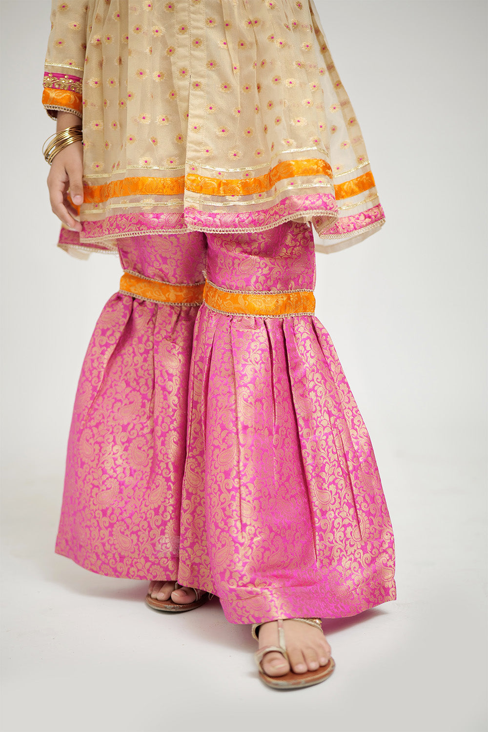 KDD-02092 | Fawn & Shocking Pink | Formal 3 Piece Suit | Banarsi Jamawar