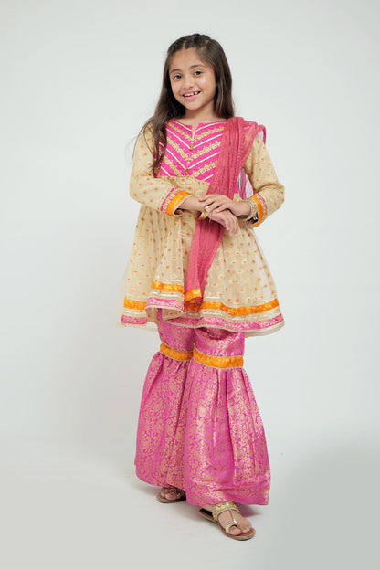 KDD-02092 | Fawn & Shocking Pink | Formal 3 Piece Suit | Banarsi Jamawar