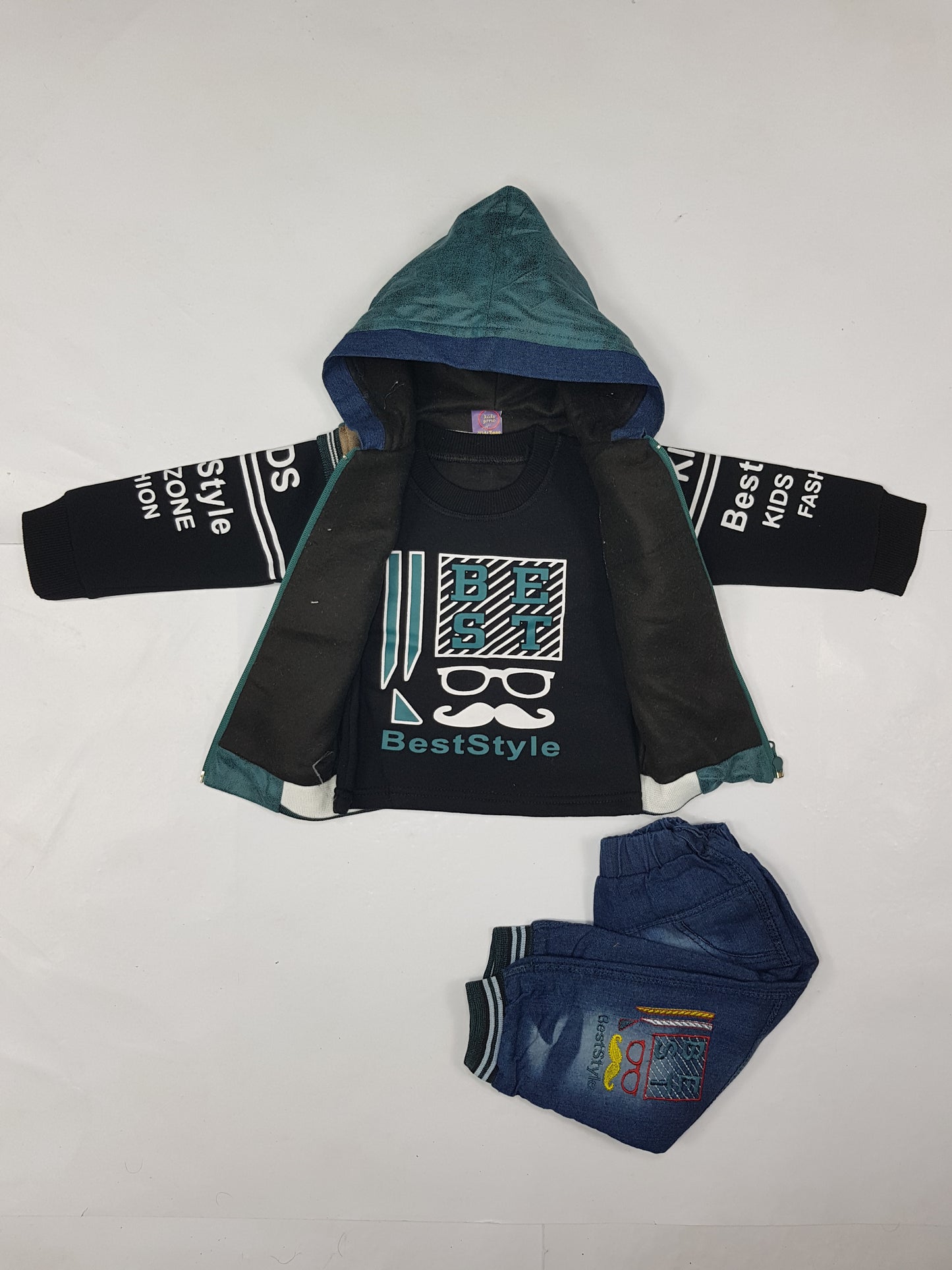 3-Piece Winter Outfit for Boys - Sleeveless Velour Hoodie, Fleece Sweatshirt & Jeans | Child Fashion