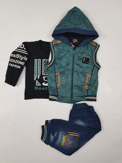 3-Piece Winter Outfit for Boys - Sleeveless Velour Hoodie, Fleece Sweatshirt & Jeans | Child Fashion