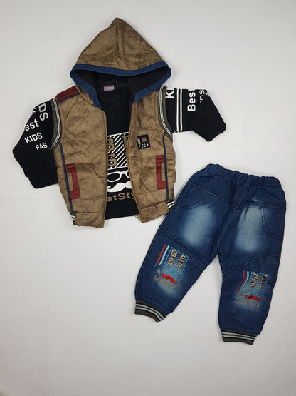 3-Piece Winter Outfit for Boys - Fleece Hoodie Jacket, Sweatshirt & Jeans