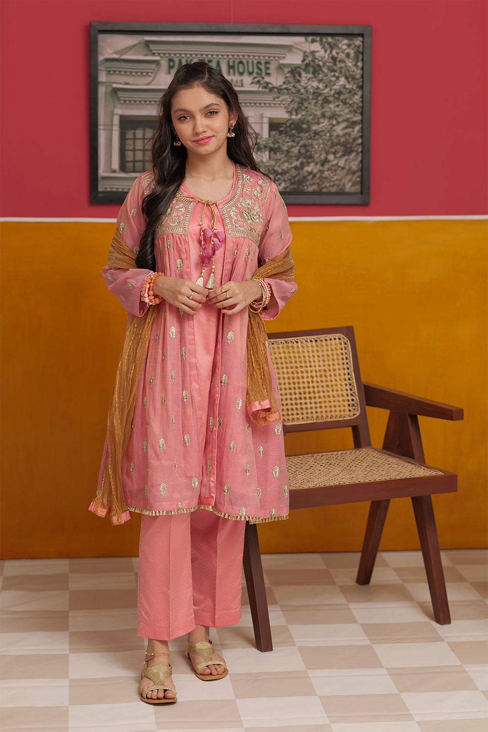 GDD-02745 | T.Pink & Gold | Formal 3 Piece Suit | Banarsi Masuri