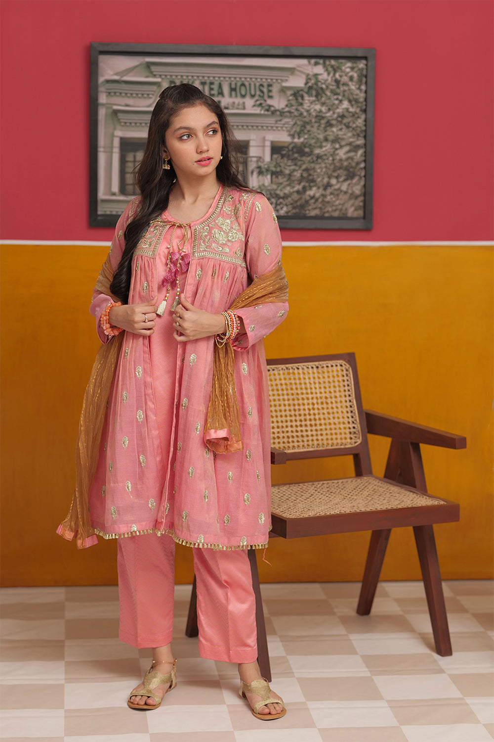 GDD-02745 | T.Pink & Gold | Formal 3 Piece Suit | Banarsi Masuri