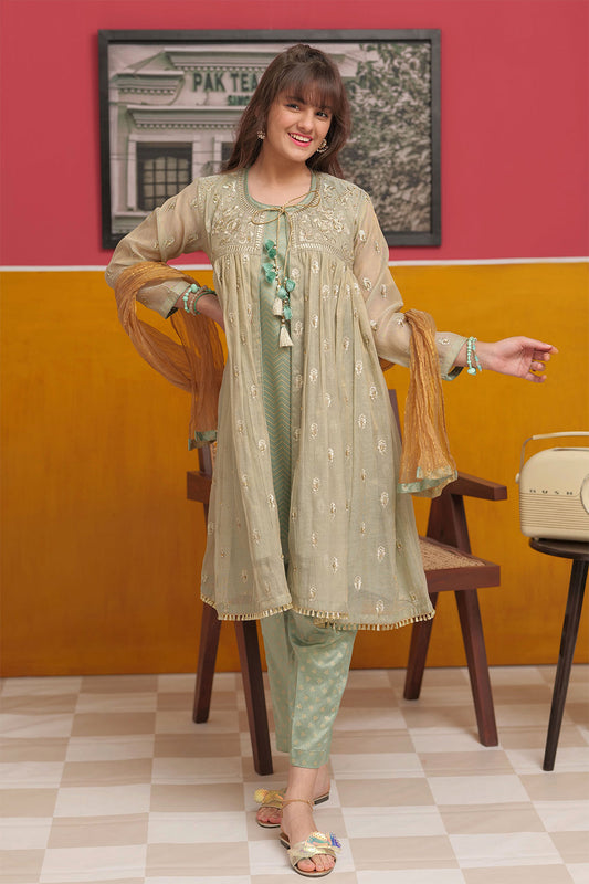 GDD-02744 | Green& Gold | Formal 3 Piece Suit | Banarsi Masuri