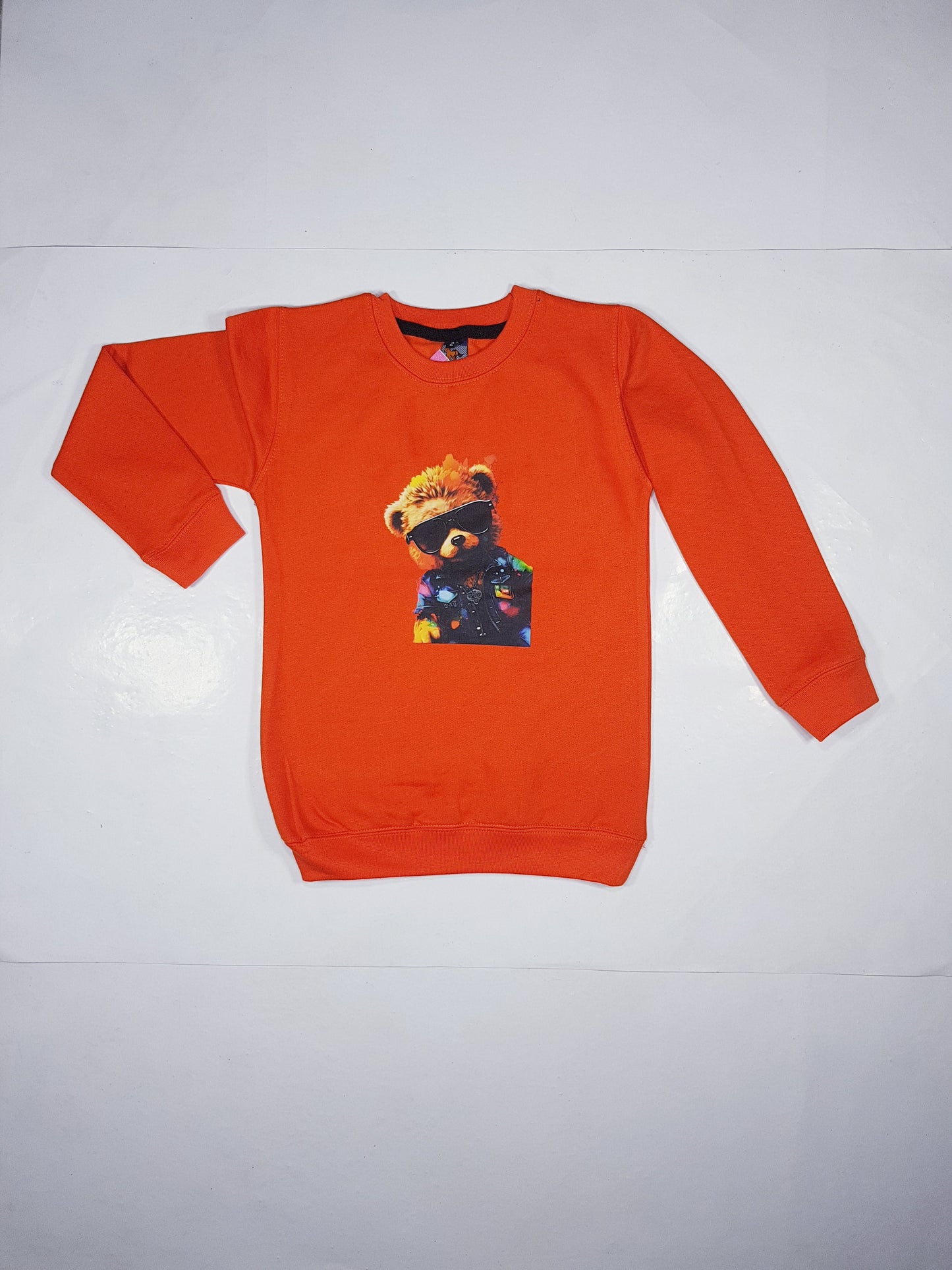 Trendy Orange Fleece Sweatshirt for Kids - Teddy Bear Design