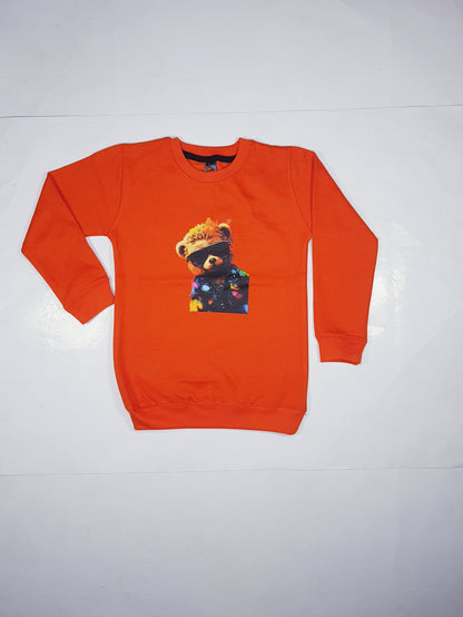 Trendy Orange Fleece Sweatshirt for Kids - Teddy Bear Design