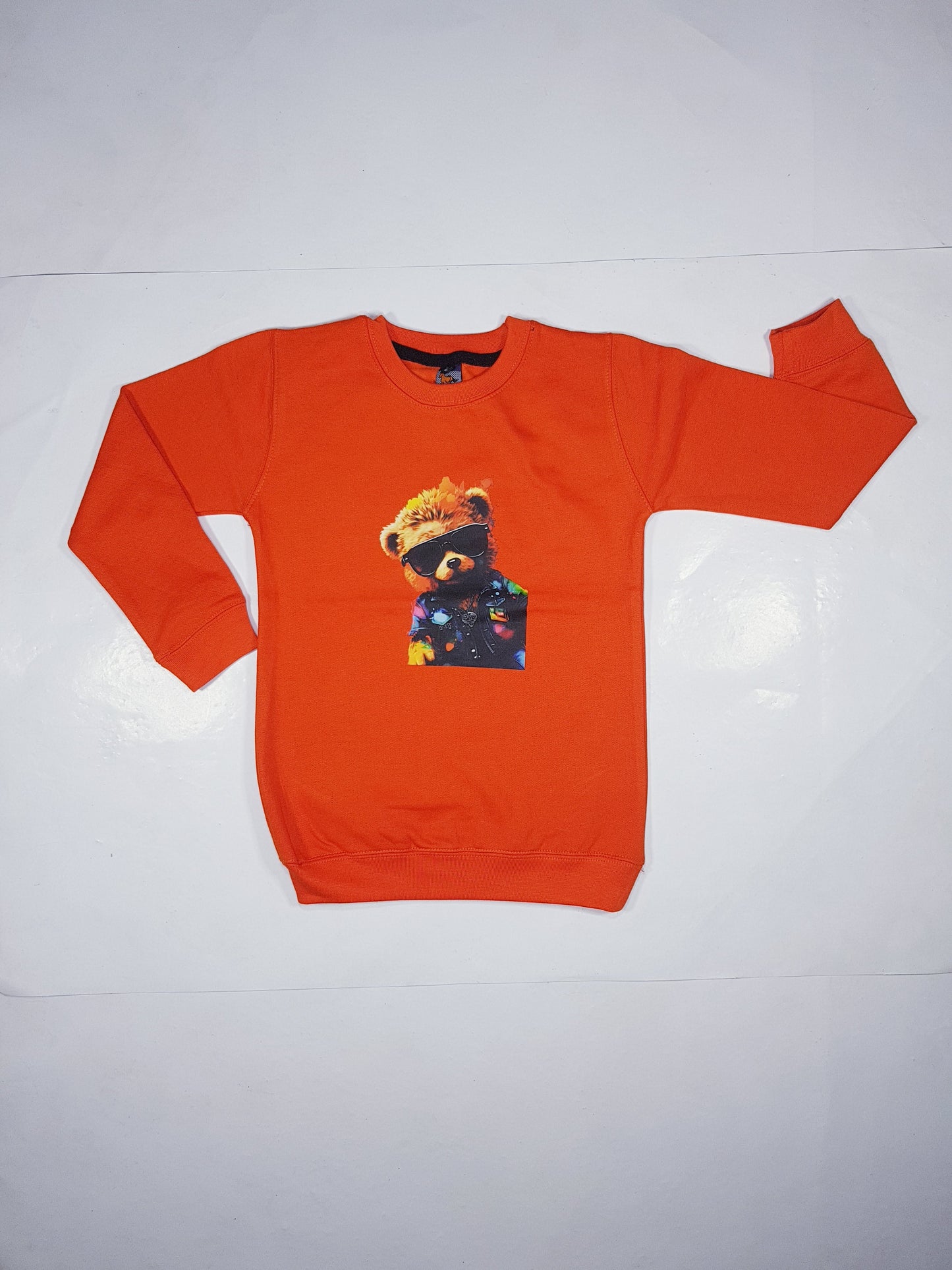 Trendy Orange Fleece Sweatshirt for Kids - Teddy Bear Design