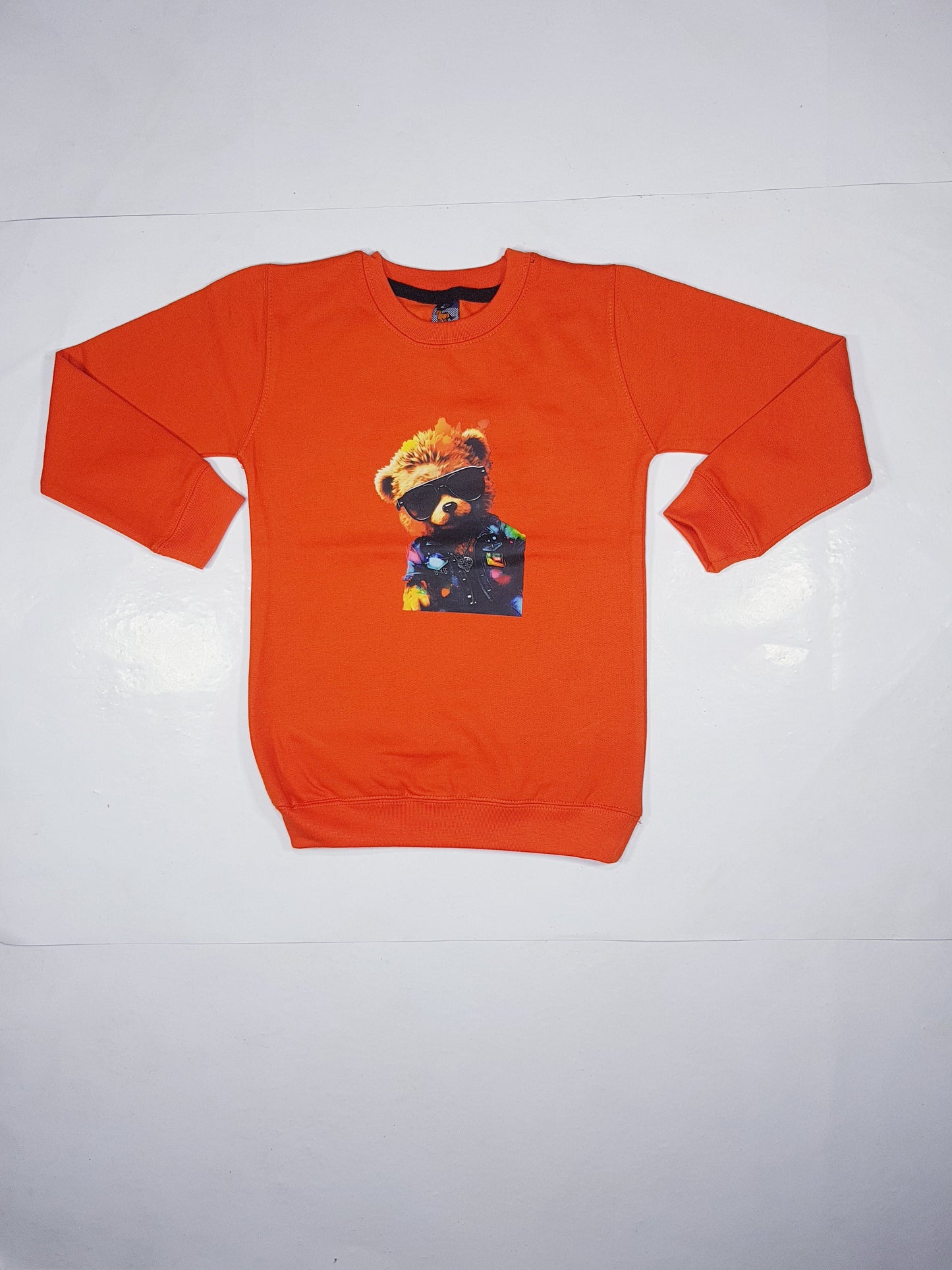 Trendy Orange Fleece Sweatshirt for Kids - Teddy Bear Design