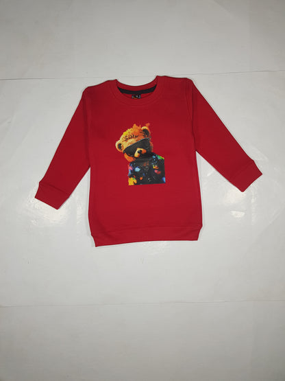 Bright Red Fleece Sweatshirt for Kids - Teddy Bear Design