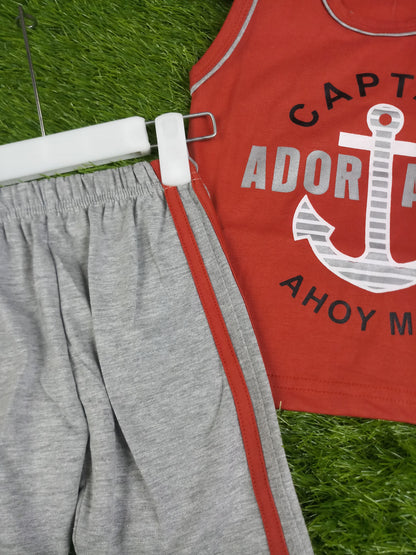 Captain Adorable Boy's Red Nautical Sleeveless T-Shirt and Shorts Set