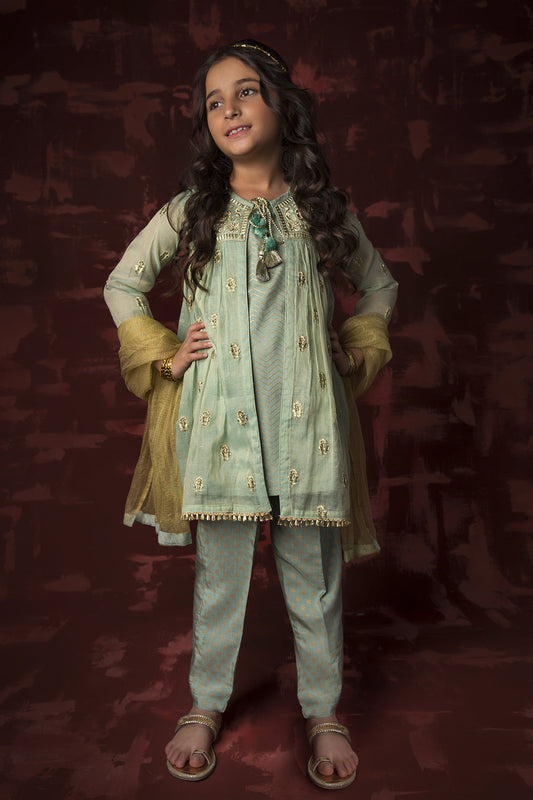 KDD-02742 | Green & Gold | Formal 3 Piece Suit | Banarsi Masuri