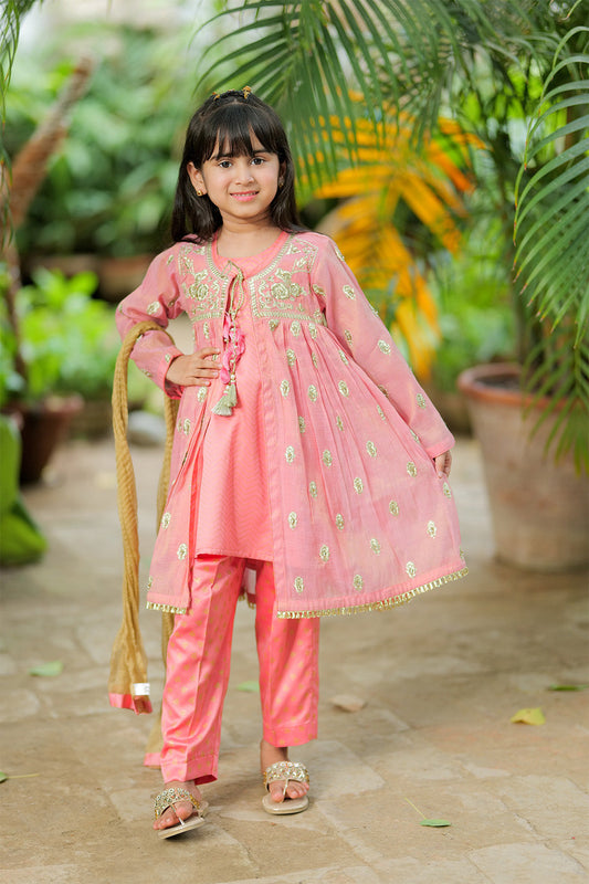 KDD-02743 | T. Pink & Gold | Formal 3 Piece Suit | Banarsi Masuri