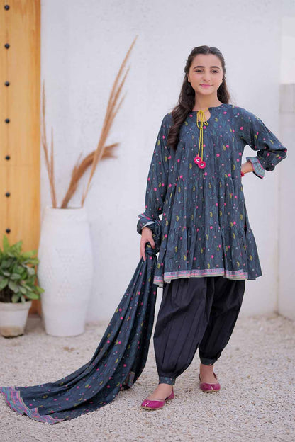 GAD-02475 | Dark Grey & Multicolor | Casual 3 Piece Suit | Marina Fabric Printed