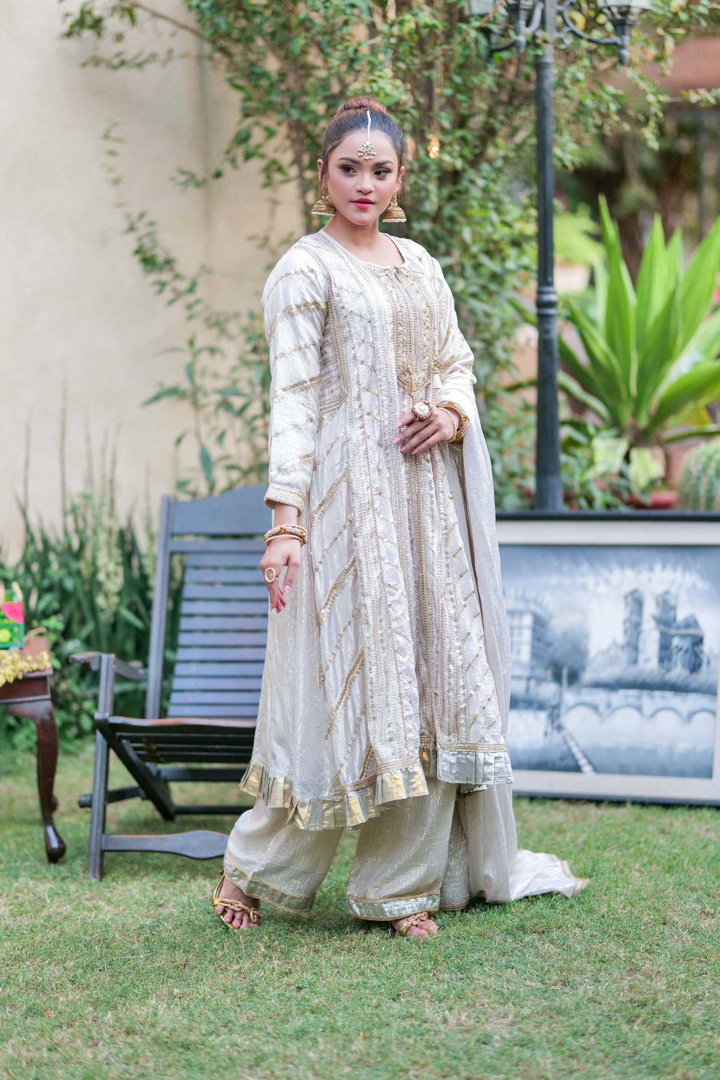 LDD-02708 | Fawn & Gold | Formal 3 Piece Suit | Banarsi Shimmer