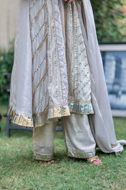 LDD-02708 | Fawn & Gold | Formal 3 Piece Suit | Banarsi Shimmer