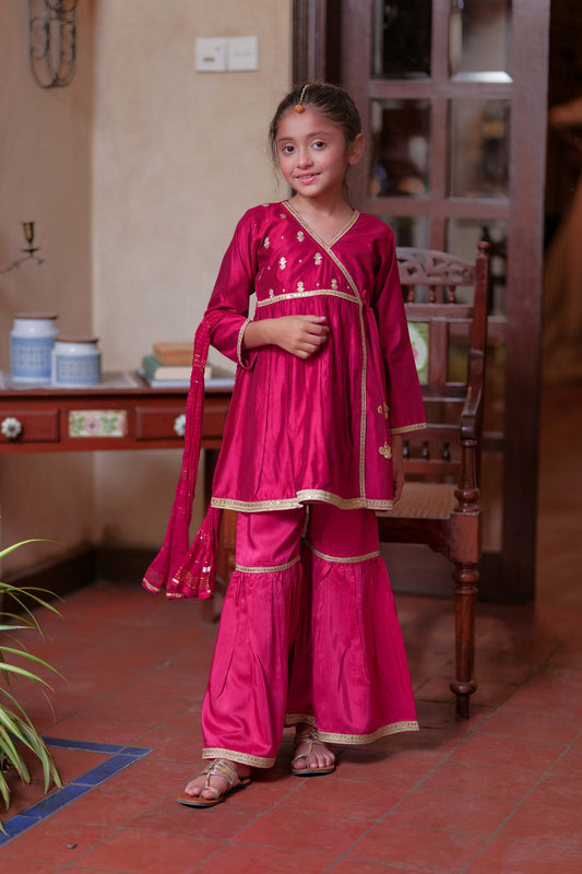 KDD-02754 | Shocking Pink & Gold | Formal 3 Piece Suit | Shamray Fancy Yarn Fabric