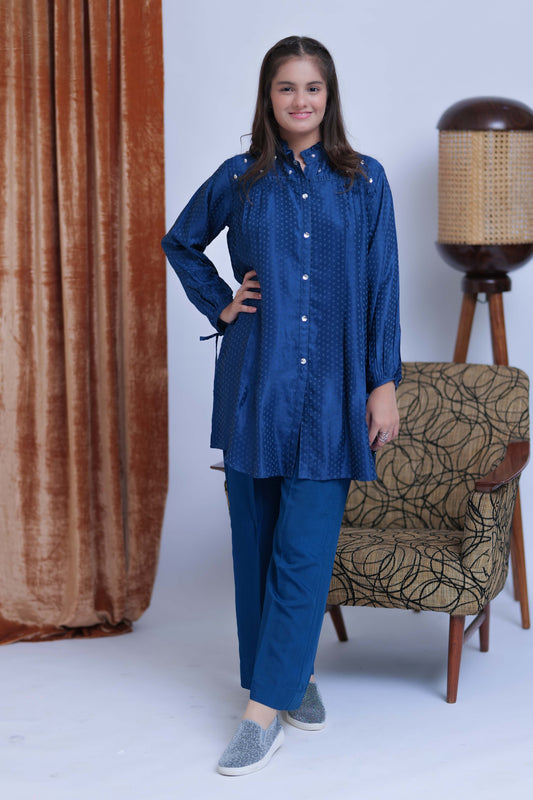 GBC-02837 | Blue & Silver | Casual Plus 2 Piece Suit | Viscose Jacquard