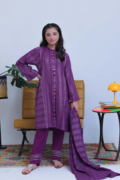 GAD-02830 | Purple and Silver | Casual 3 Piece Suit | Karandi Fabric Dobby Jacquard