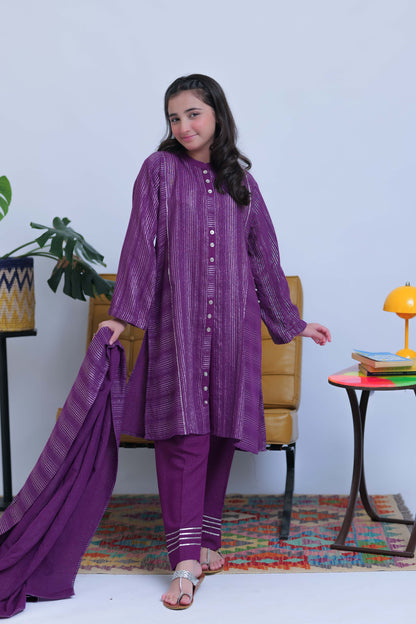 GAD-02830 | Purple and Silver | Casual 3 Piece Suit | Karandi Fabric Dobby Jacquard