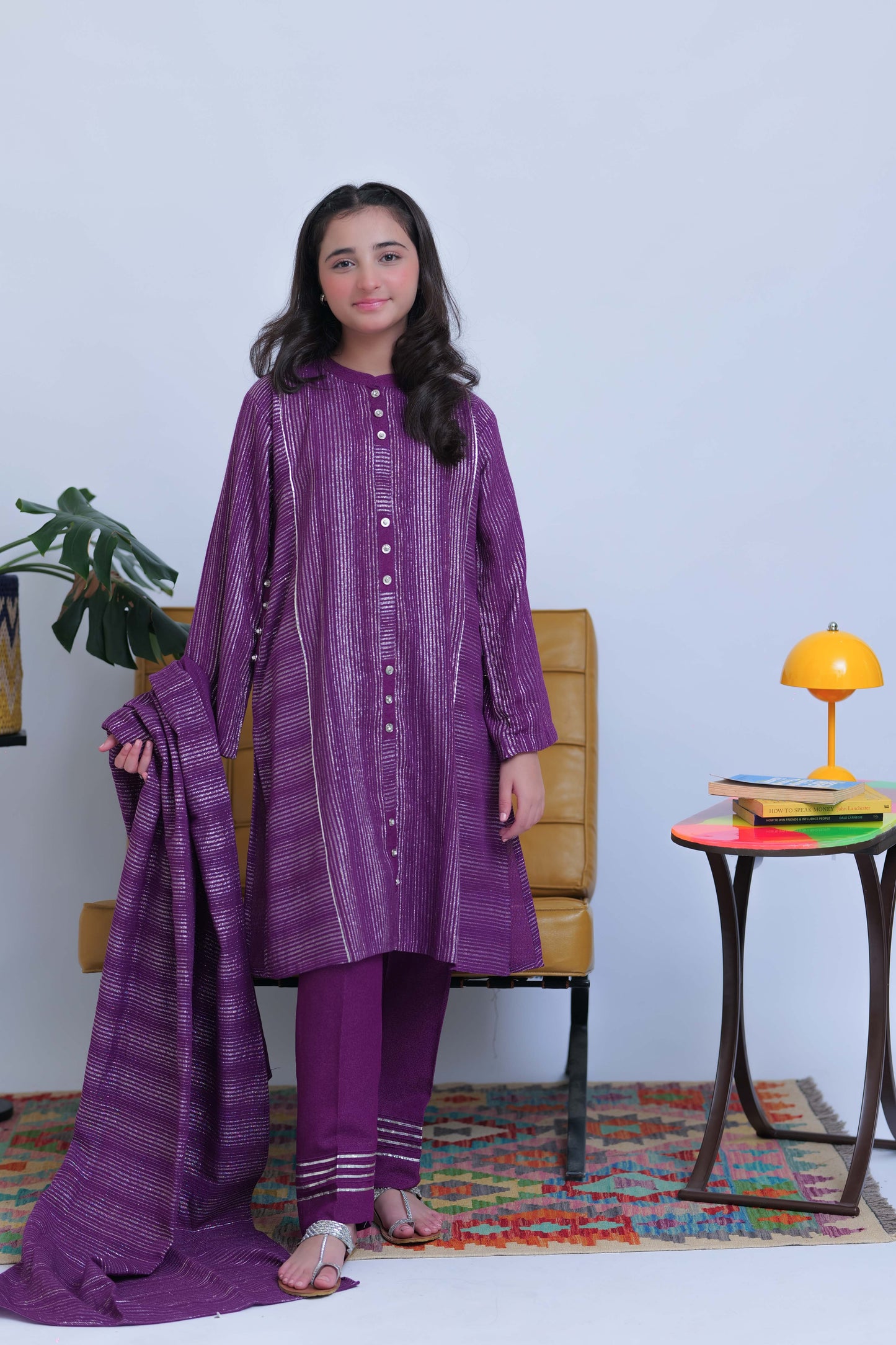 GAD-02830 | Purple and Silver | Casual 3 Piece Suit | Karandi Fabric Dobby Jacquard