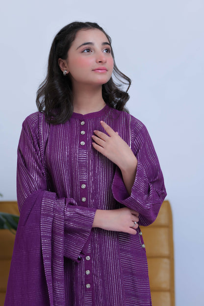 GAD-02830 | Purple and Silver | Casual 3 Piece Suit | Karandi Fabric Dobby Jacquard