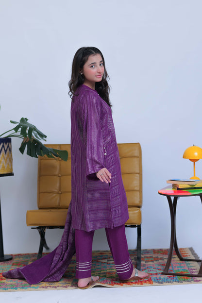 GAD-02830 | Purple and Silver | Casual 3 Piece Suit | Karandi Fabric Dobby Jacquard