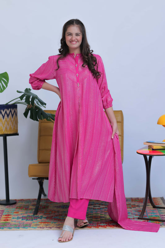 GAD-02831 | Shocking Pink & Silver | Casual 3 Piece Suit | Karandi Fabric Dobby Jacquard