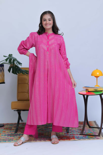 GAD-02831 | Shocking Pink & Silver | Casual 3 Piece Suit | Karandi Fabric Dobby Jacquard